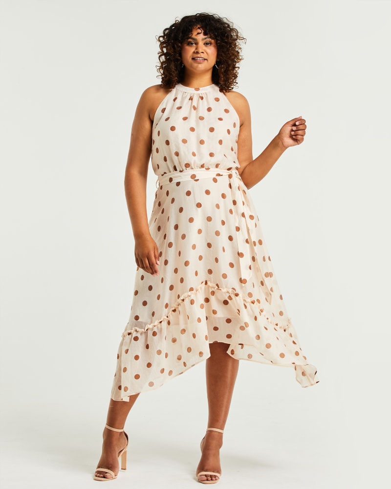 Tan and white polka shop dot halter neck dress